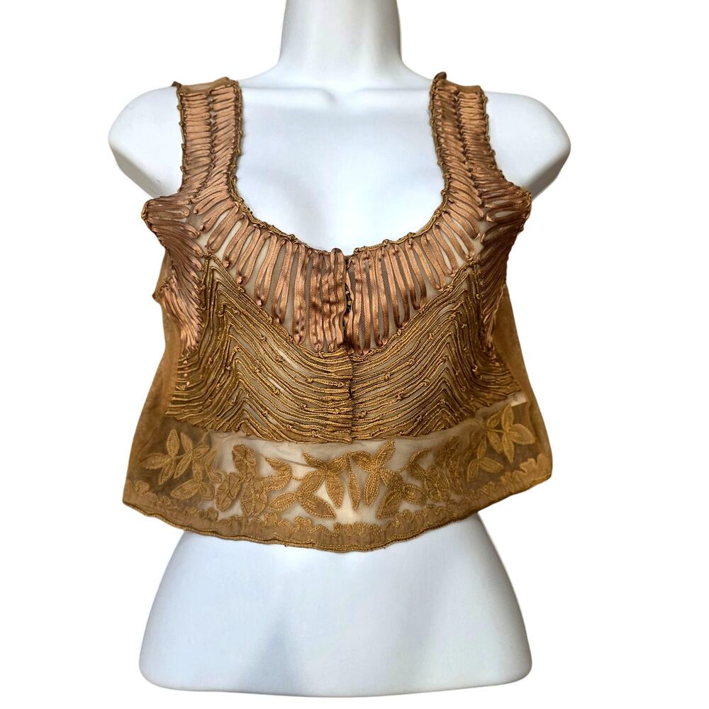 EUC Ecote gold shimmer embroidered crop tank top sz XS
